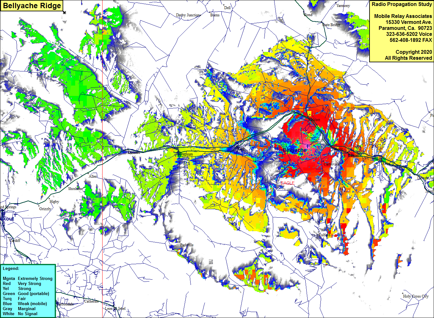 heat map radio coverage Bellyache Ridge